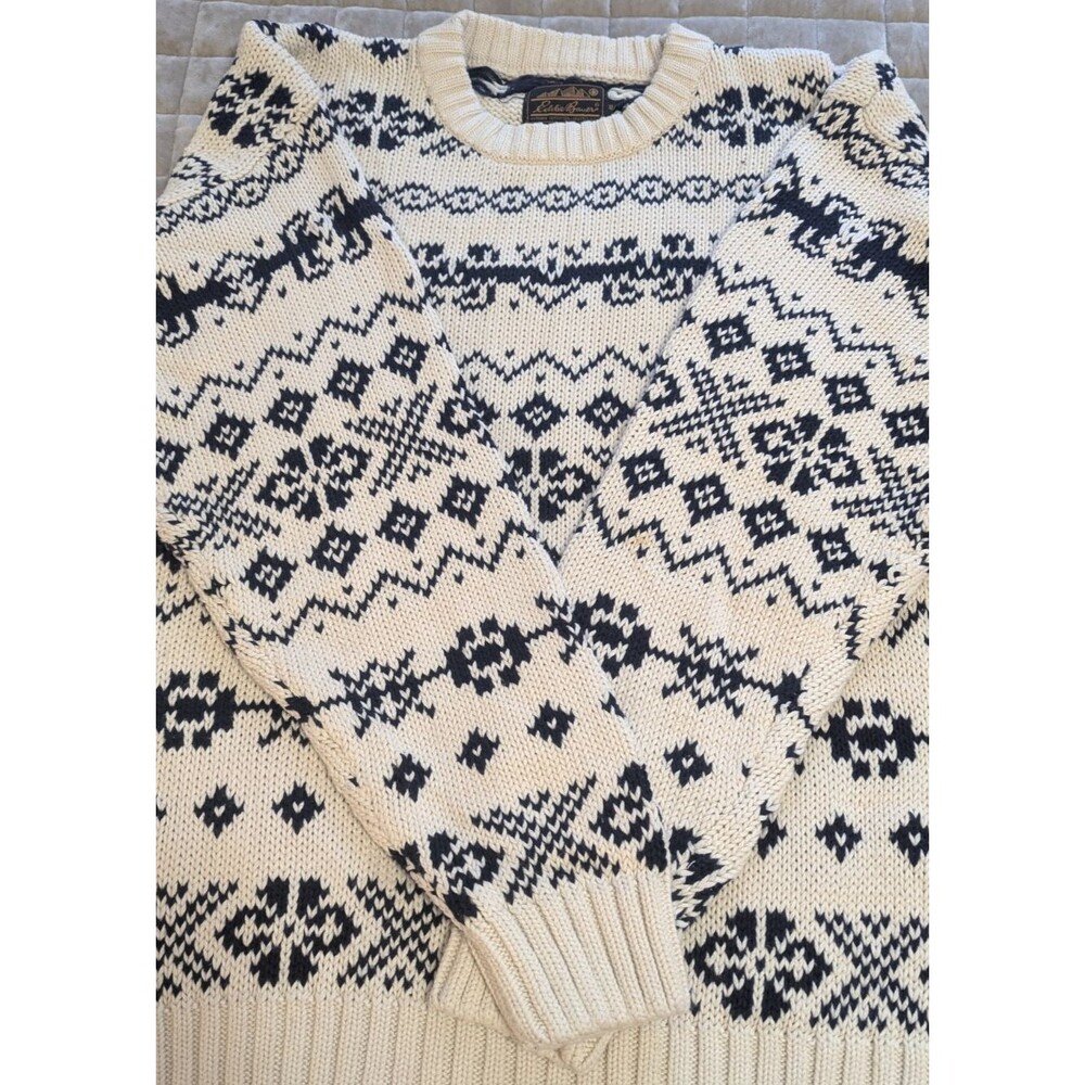 Eddie Bauer 100% Cotton Pullover Sweater Mens XL Blue/Ivory Nordic Vtg - Picture 3 of 8